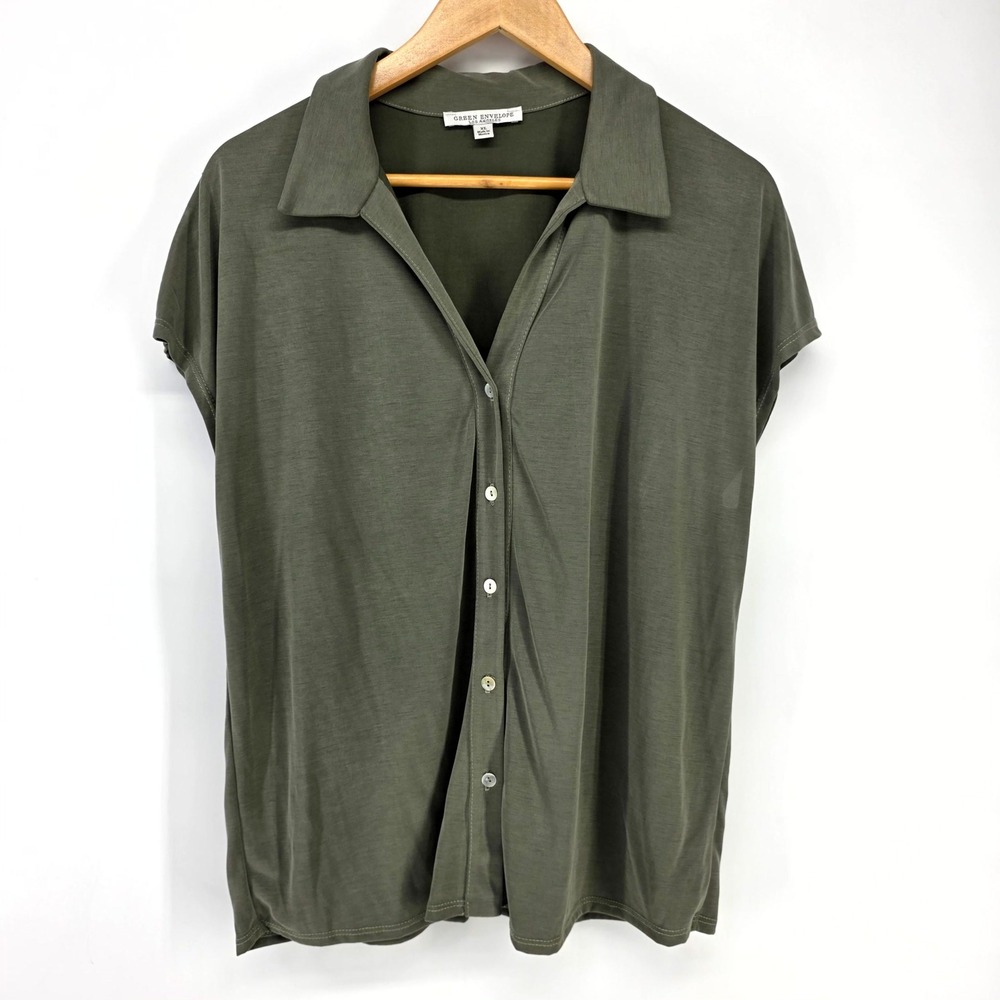 Green Envelope Button Down Shirt Womens XL Olive Green Modal Blend Short Sleeve
